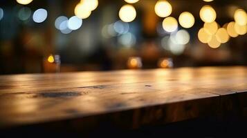 Empty wooden table in front of abstract bokeh light background. photo