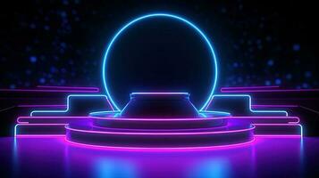 3D abstract background. Neon glowing podium. Empty scene for product presentation. photo