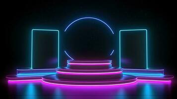 3D abstract background. Neon glowing podium. Empty scene for product presentation. photo