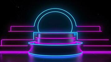 3D abstract background. Neon glowing podium. Empty scene for product presentation. photo