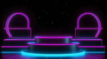 3D abstract background. Neon glowing podium. Empty scene for product presentation. photo