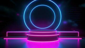 3D abstract background. Neon glowing podium. Empty scene for product presentation. photo
