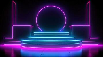 3D abstract background. Neon glowing podium. Empty scene for product presentation. photo