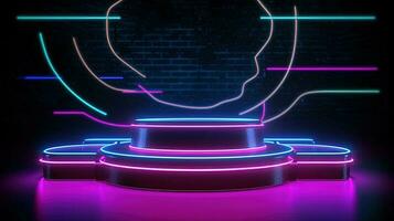 3D abstract background. Neon glowing podium. Empty scene for product presentation. photo