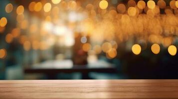 Empty wooden table in front of abstract bokeh light background. photo