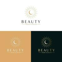 Beauty vector logo design. Bohemian sun and moon logotype. Boho crescent logo template.