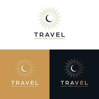 Travel vector logo design. Moon and sun bohemian logotype. Crescent and rays logo template.