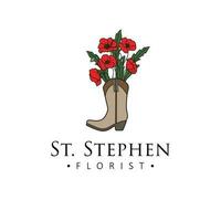 S t. Stephen florista vector logo diseño. vaquero bota con amapolas logotipo único concepto floral logo modelo.