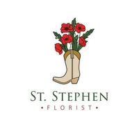 St. Stephen florist vector logo design. Cowboy boot with poppies logotype. Unique concept floral logo template.