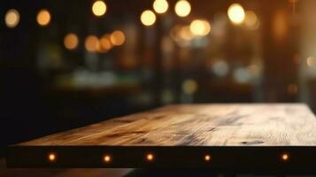 Empty wooden table in front of abstract bokeh light background. photo