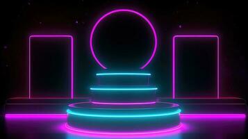 3D abstract background. Neon glowing podium. Empty scene for product presentation. photo