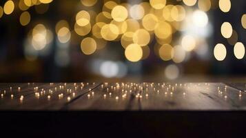 Empty wooden table in front of abstract bokeh light background. photo