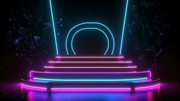 3D abstract background. Neon glowing podium. Empty scene for product presentation. photo