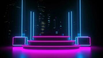 3D abstract background. Neon glowing podium. Empty scene for product presentation. photo