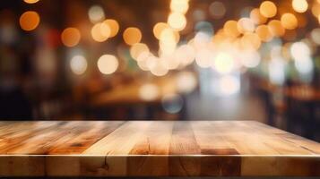 Empty wooden table in front of abstract bokeh light background. photo