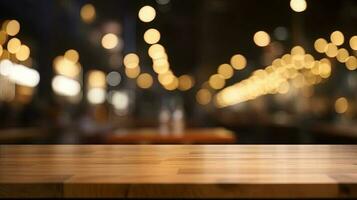 Empty wooden table in front of abstract bokeh light background. photo