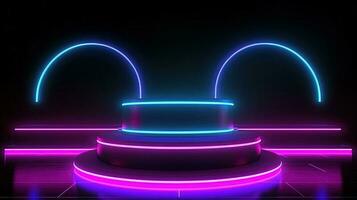 3D abstract background. Neon glowing podium. Empty scene for product presentation. photo