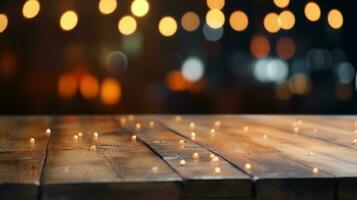 Empty wooden table in front of abstract bokeh light background. photo
