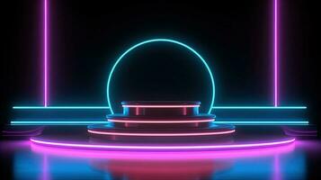 3D abstract background. Neon glowing podium. Empty scene for product presentation. photo