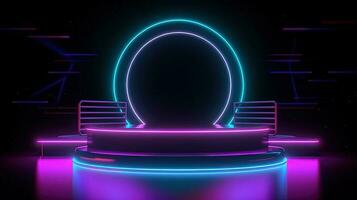 3D abstract background. Neon glowing podium. Empty scene for product presentation. photo