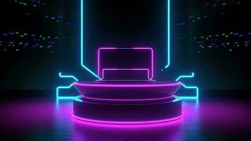 3D abstract background. Neon glowing podium. Empty scene for product presentation. photo