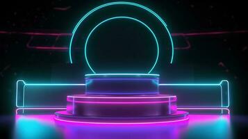 3D abstract background. Neon glowing podium. Empty scene for product presentation. photo