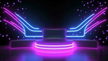 3D abstract background. Neon glowing podium. Empty scene for product presentation. photo