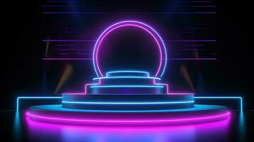 3D abstract background. Neon glowing podium. Empty scene for product presentation. photo