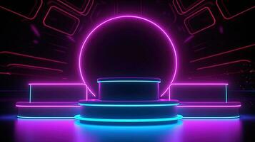 3D abstract background. Neon glowing podium. Empty scene for product presentation. photo