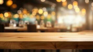 Empty wooden table in front of abstract bokeh light background. photo