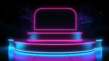 3D abstract background. Neon glowing podium. Empty scene for product presentation. photo