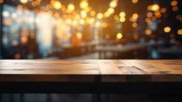 Empty wooden table in front of abstract bokeh light background. photo