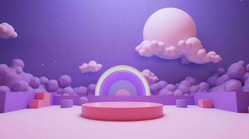 Purple podium in the blue sky with clouds. 3D rendering photo