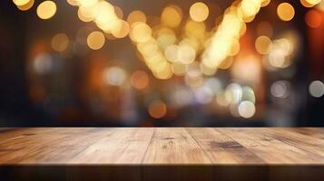 Empty wooden table in front of abstract bokeh light background. photo
