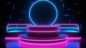 3D abstract background. Neon glowing podium. Empty scene for product presentation. photo