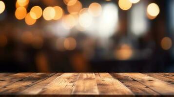 Empty wooden table in front of abstract bokeh light background. photo