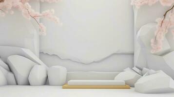 3d prestar, resumen mínimo escena con blanco podio y Cereza florecer flores foto