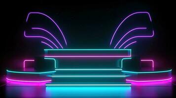 3D abstract background. Neon glowing podium. Empty scene for product presentation. photo