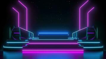 3D abstract background. Neon glowing podium. Empty scene for product presentation. photo