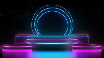 3D abstract background. Neon glowing podium. Empty scene for product presentation. photo