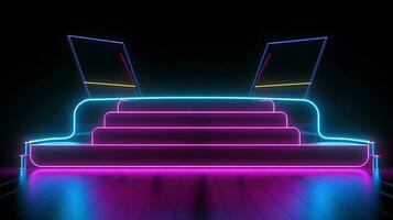 3D abstract background. Neon glowing podium. Empty scene for product presentation. photo
