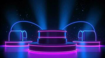 3D abstract background. Neon glowing podium. Empty scene for product presentation. photo