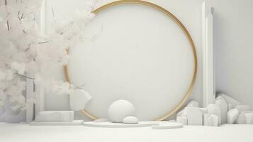 3d render, abstract minimal scene with white podium and cherry blossom flowers photo