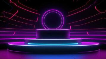 3D abstract background. Neon glowing podium. Empty scene for product presentation. photo