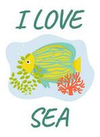 vector ilustración. verano tarjeta postal modelo yo amor el mar con pez.