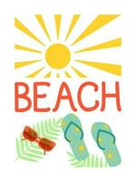 vector ilustración. verano tarjeta modelo con mano letras playa. sol, Dom anteojos, playa zapatos, plantas.