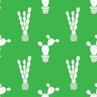 Vector seamless pattern with white cacti on a green background.