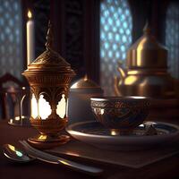 3D illustration of Ramadan Kareem background with arabic lanterns and book, Image photo
