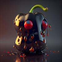 3d illustration of a black bell pepper with blood and splashes, Image photo