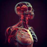 humano corazón anatomía con sangre vasos en oscuro antecedentes. 3d representación, ai generativo imagen foto